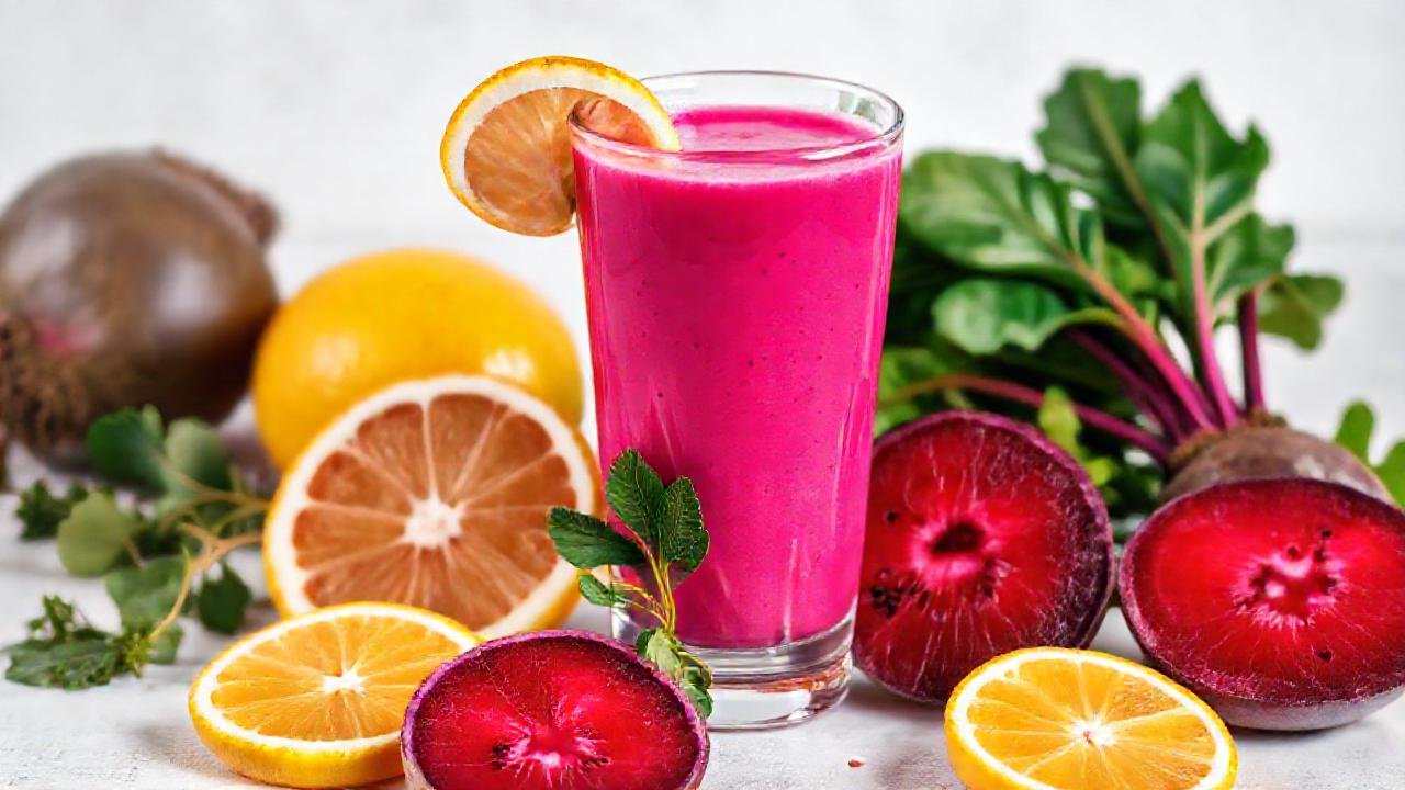 Batido rosa brillante, saludable y apetecible