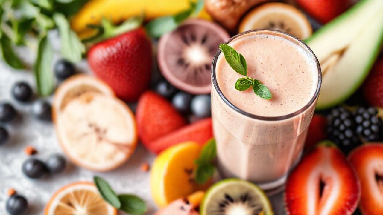 Batido cremoso, frutas vibrantes, salud natural