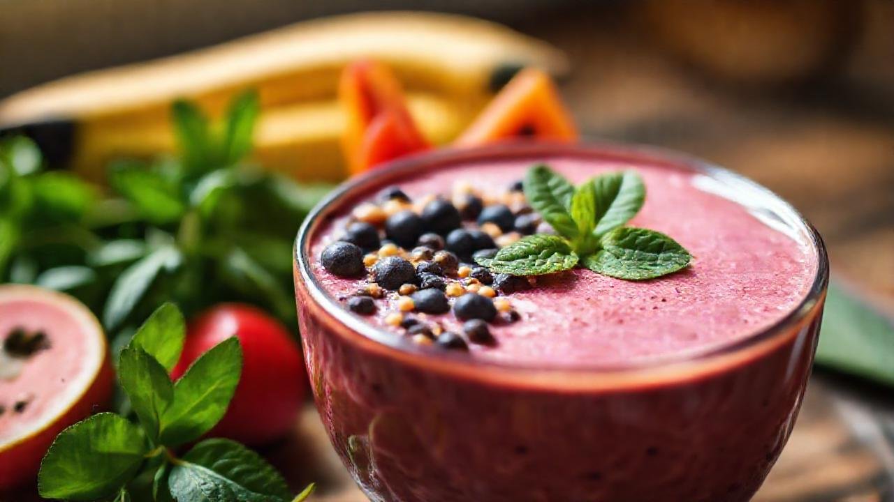 Batido colorido y saludable en estudio