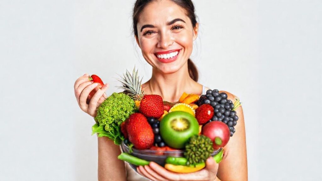 Una mujer sana disfruta frutas frescas