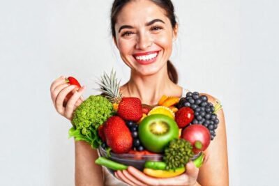 Una mujer sana disfruta frutas frescas
