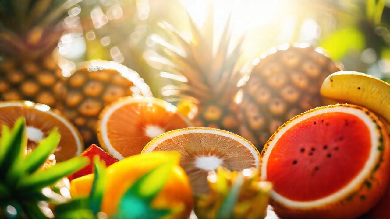 Frutas tropicales vibrantes evocan verano