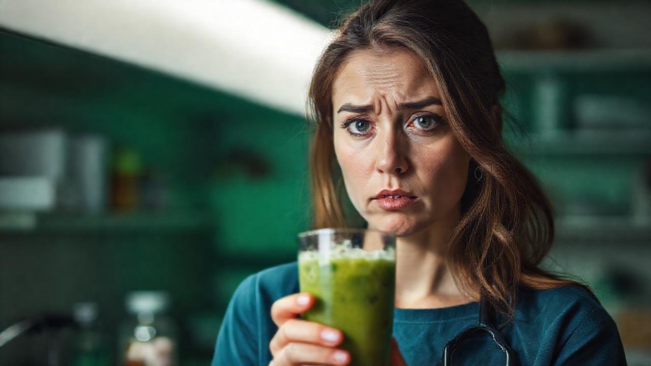 Una mujer inquieta contempla un batido sombrío