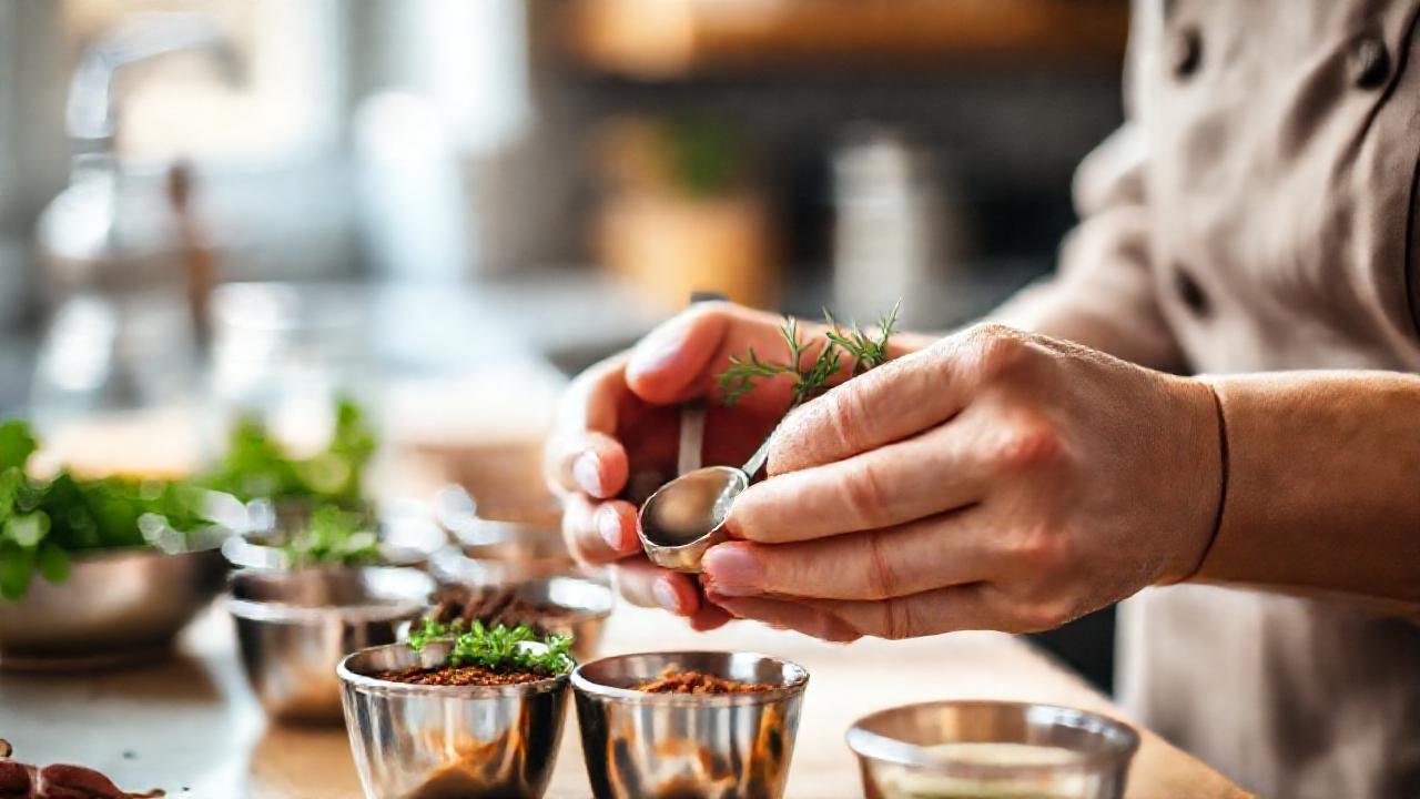 Manos miden hierbas aromáticas en cocina