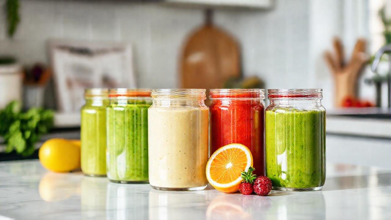 Smoothies frescos, contenedores limpios, vida sana