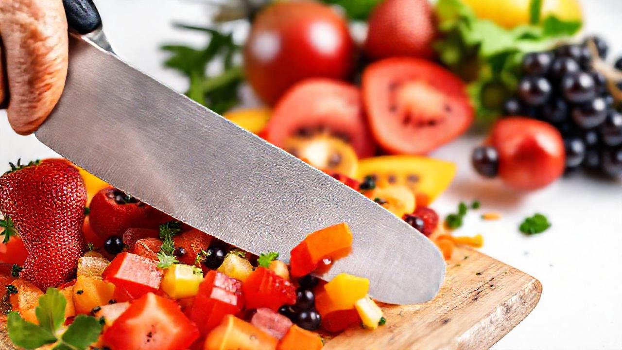 Mandolina colorida, frutas y cocina apetecible