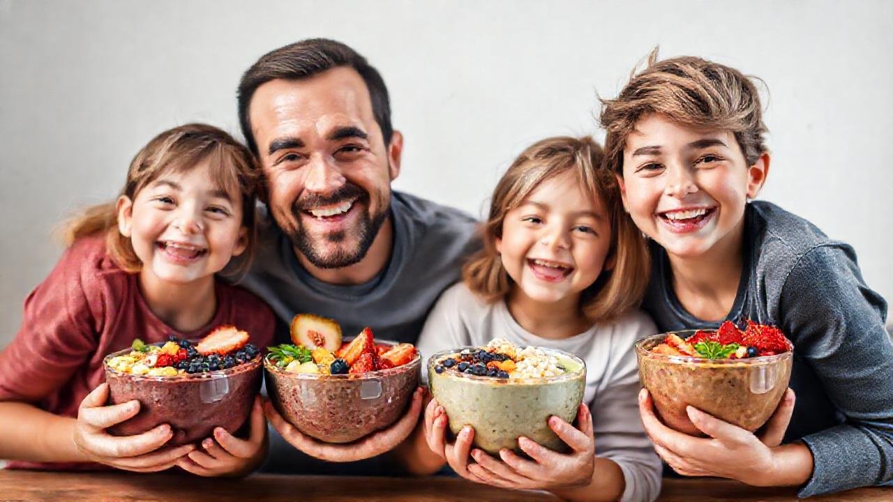 Batidos vibrantes, familia feliz y saludables