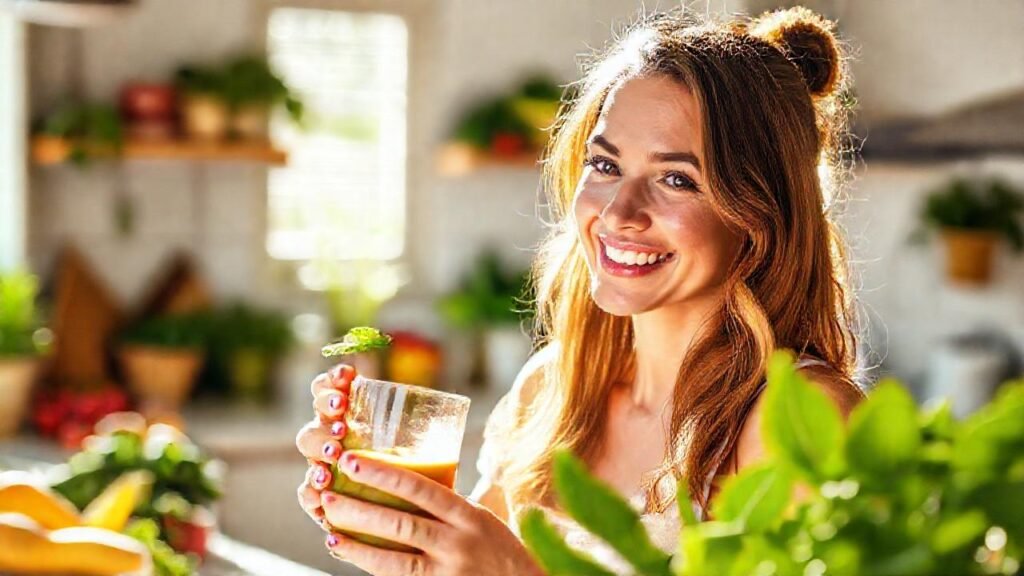 Mujer sana disfruta un smoothie brillante