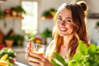 Mujer sana disfruta un smoothie brillante