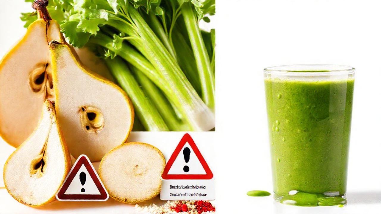 Cocina caótica con frutas y smoothie