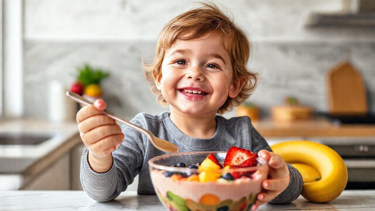 Un niño feliz disfruta un batido colorido