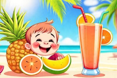 Frutas tropicales danzantes en un sol feliz