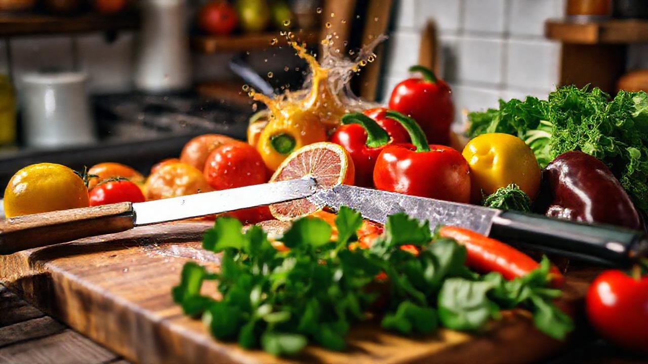 Cocina rústica, frutas y verduras apetitosas