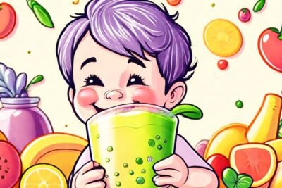 Un niño feliz disfruta su batido alegre