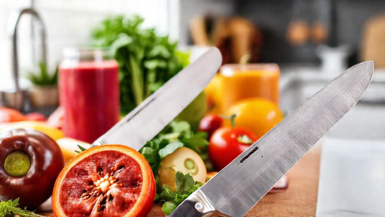 Cuchillos de acero brillante, frutas frescas