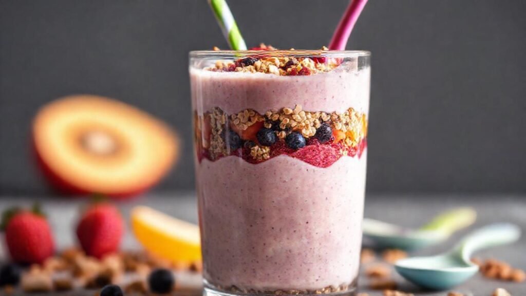 Batido brillante y granola colorida