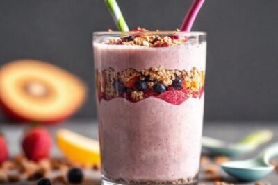 Batido brillante y granola colorida