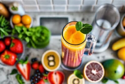 Batido vibrante y saludable en cocina