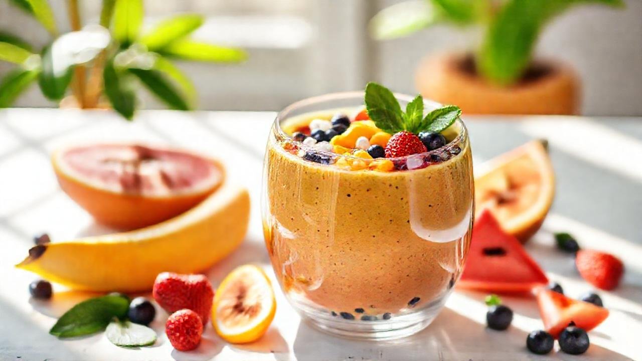 Batido colorido, salud y bienestar radiante