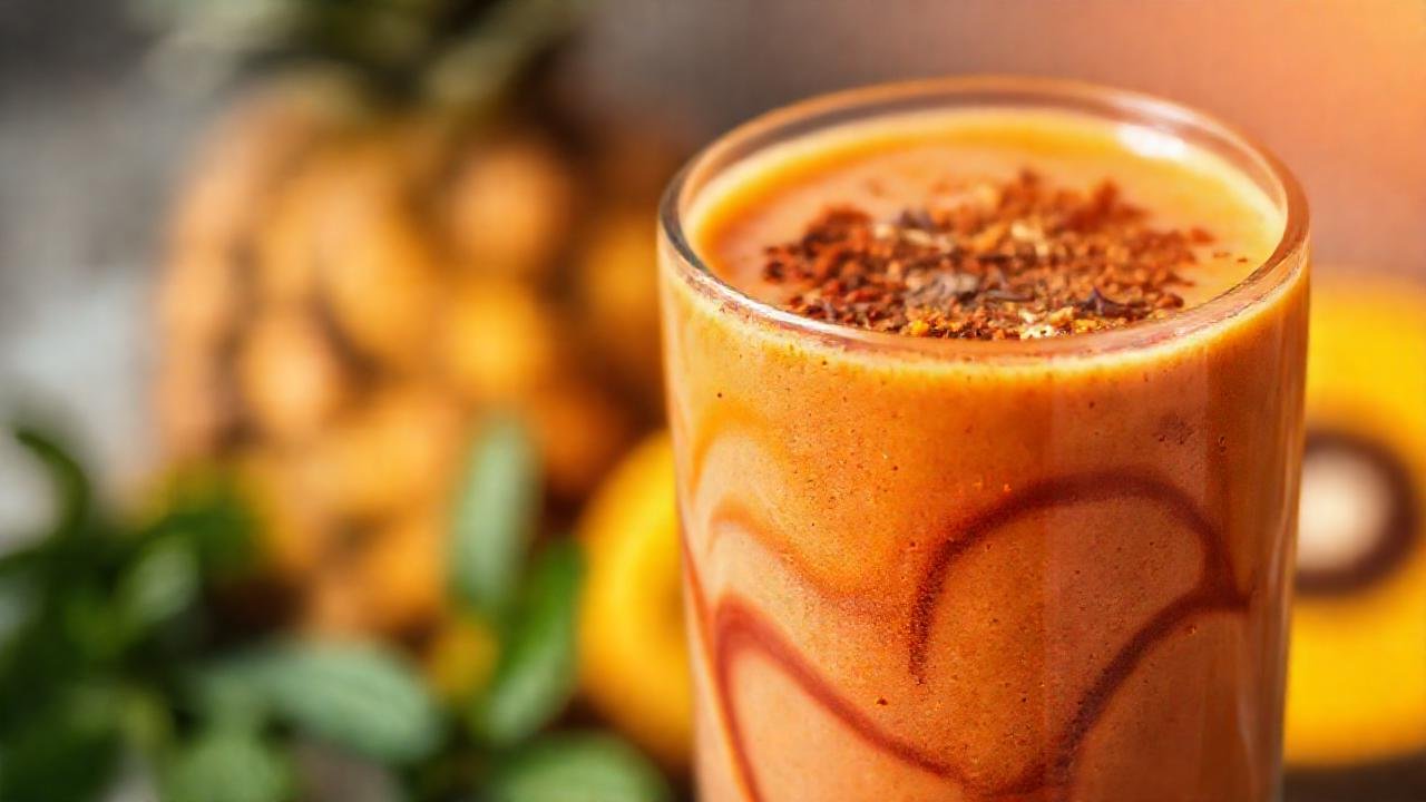 Batido vibrante, textura apetitosa y luz cálida