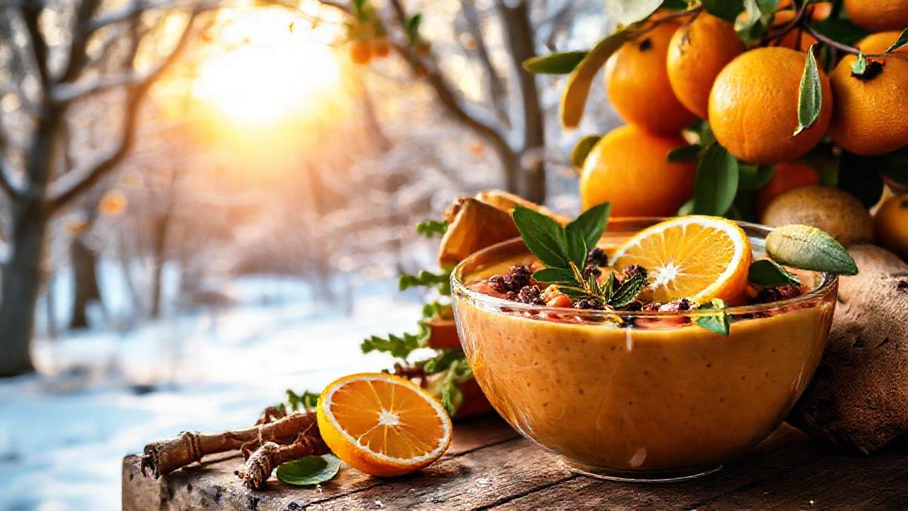 Un paisaje invernal muestra frutas y verduras saludables