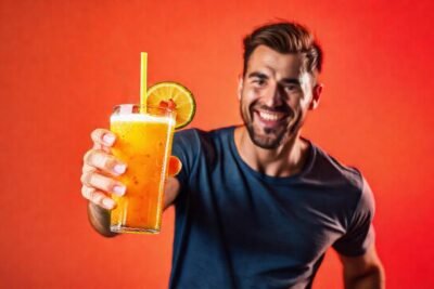 Un hombre sano disfruta un batido vibrante