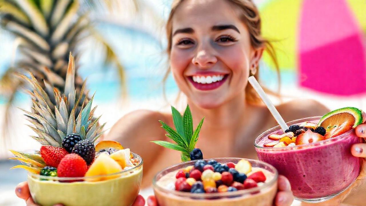 Frutas tropicales y smoothie saludable brillan
