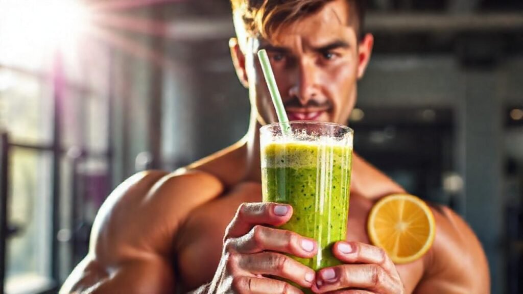 Atleta musculoso disfruta un batido saludable