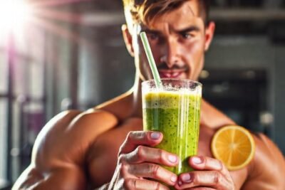 Atleta musculoso disfruta un batido saludable