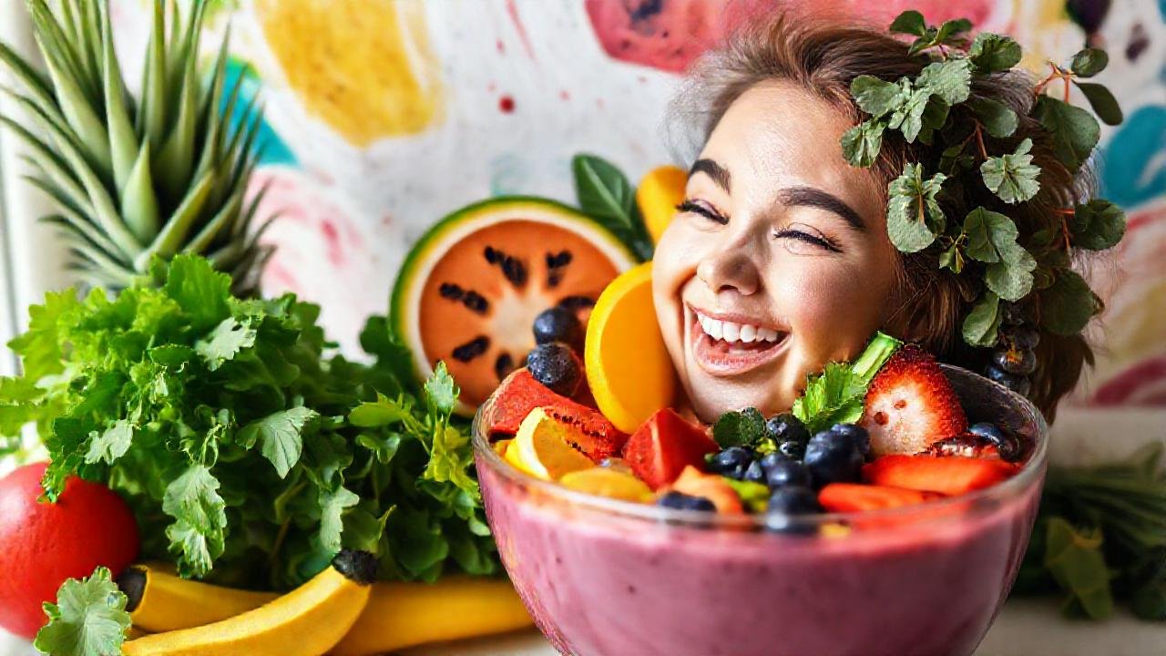 Fruta, verde y veganismo saludable brillan