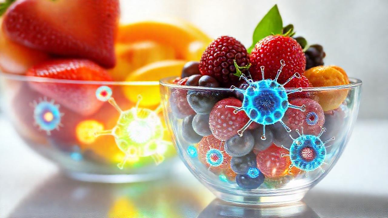 Un tazón de frutas y células sanas