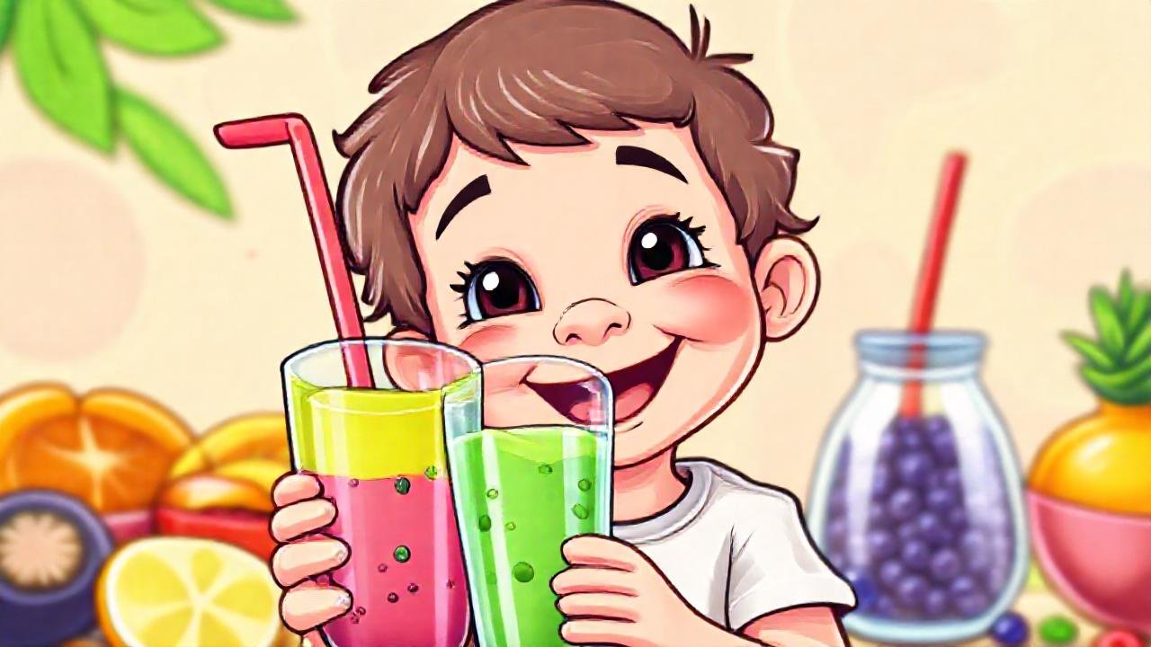 Un niño sonriente disfruta un smoothie colorido