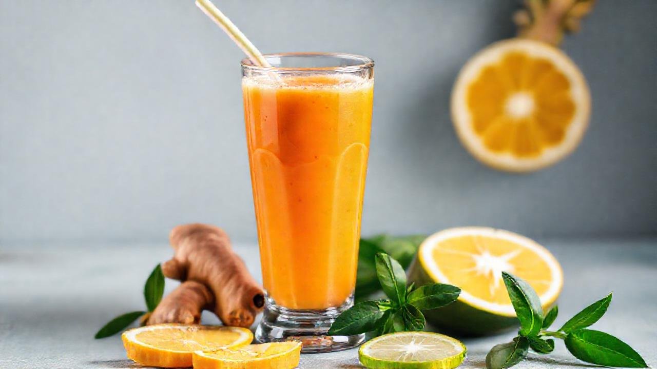 Batido tropical saludable, colores vibrantes, diario