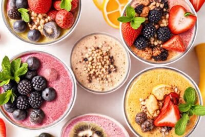 Batidos vibrantes y frutas apetitosas