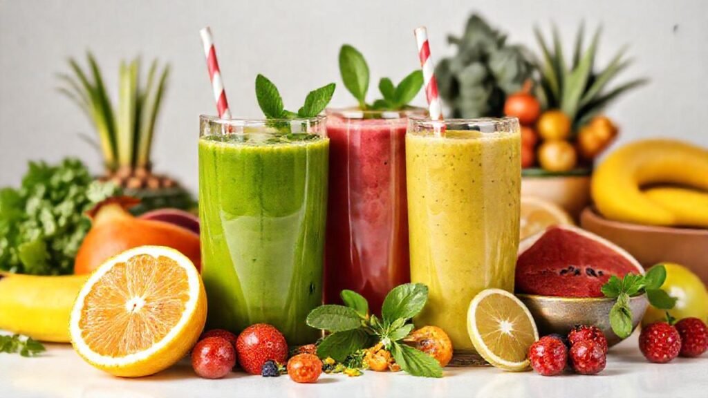 Smoothies saludables y coloridos con frutas