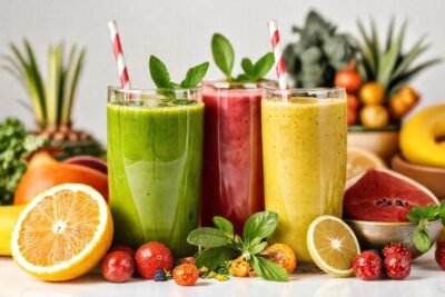 Smoothies saludables y coloridos con frutas