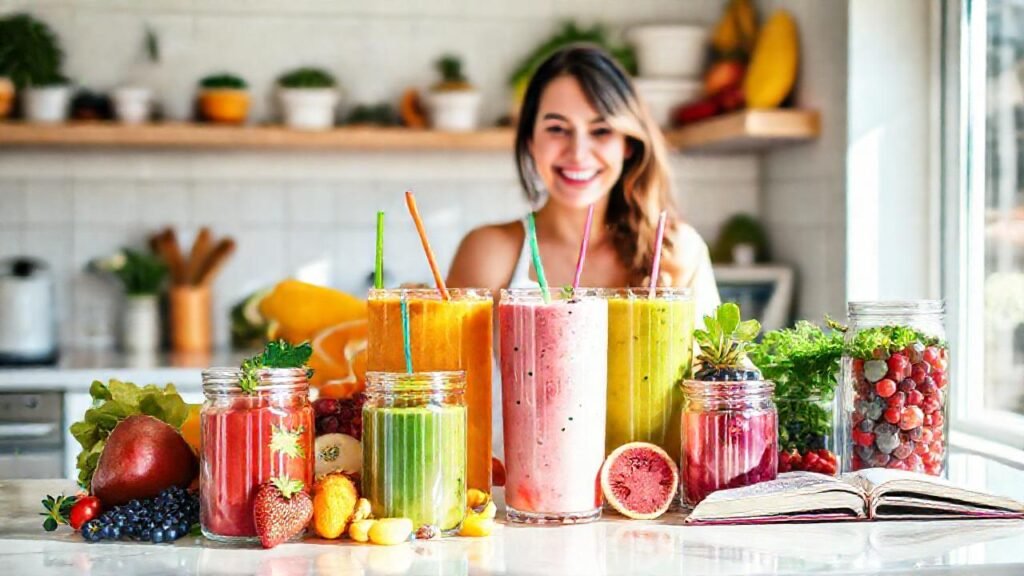 Una mujer feliz prepara batidos saludables