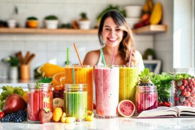 Una mujer feliz prepara batidos saludables