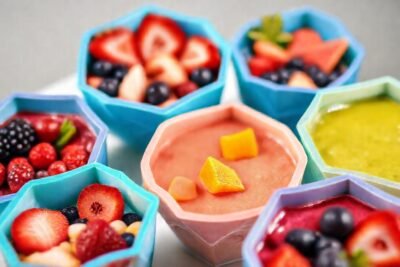 Batidos vibrantes y frutas decoran con arte