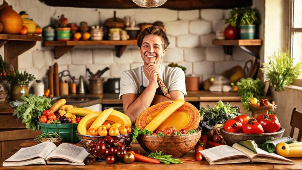Cocina acogedora con frutas y recetas