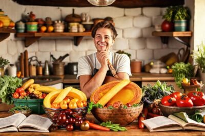 Cocina acogedora con frutas y recetas