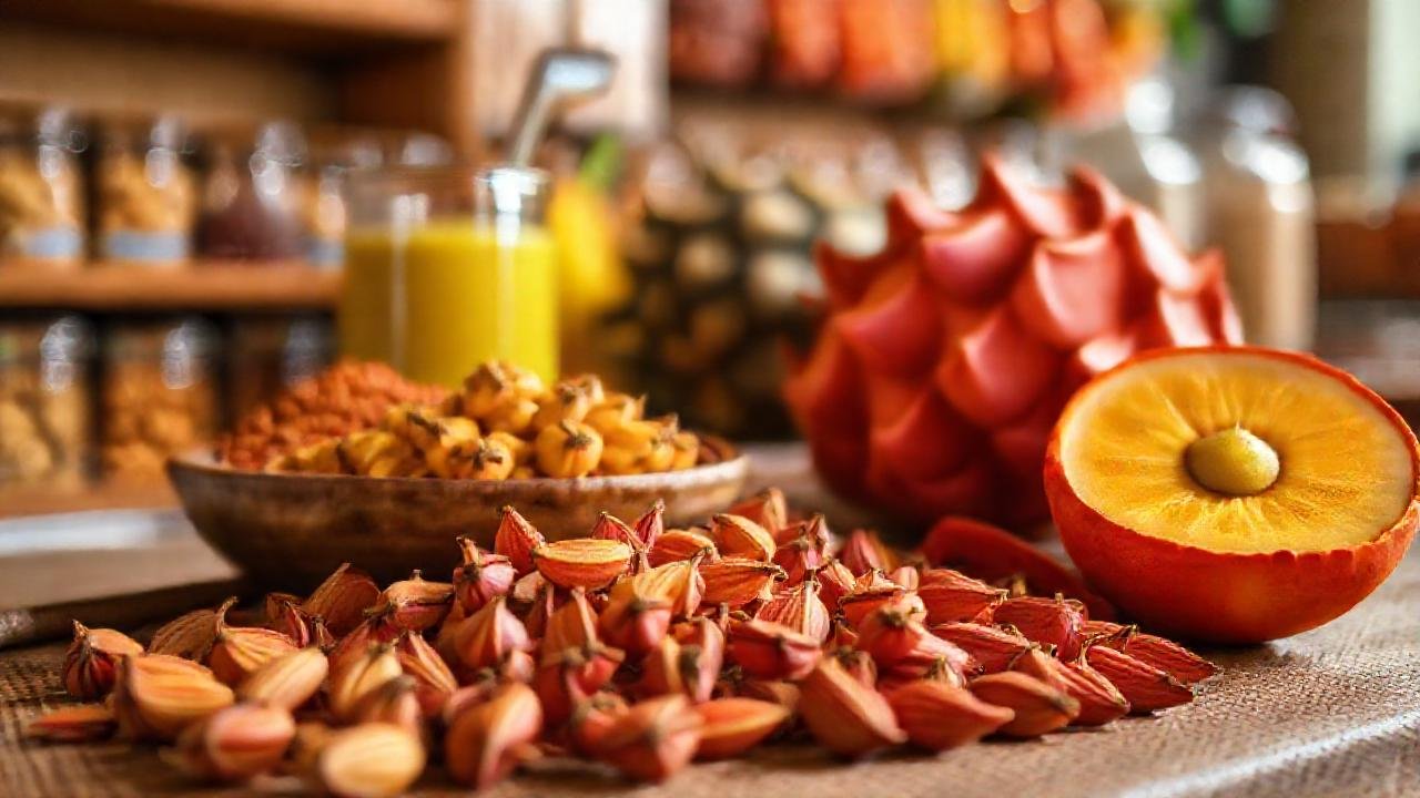 Especias exóticas y frutas apetitosas brillan