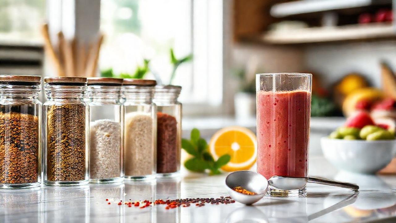 Especias y frutas crean un smoothie brillante