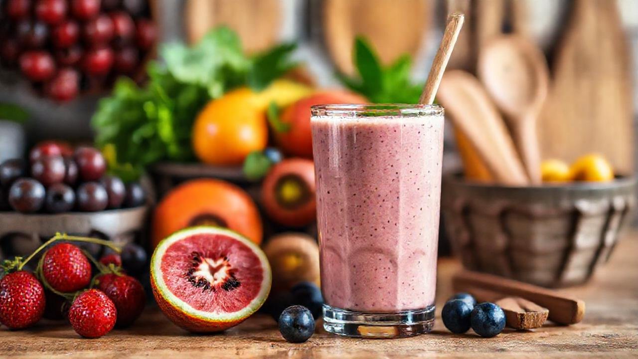 Cocina rústica: frutas frescas y smoothie