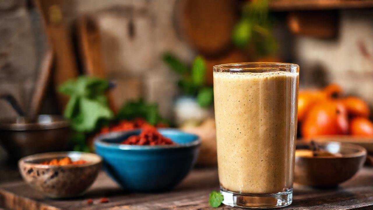 Cocina rústica, smoothie cremoso y luz cálida