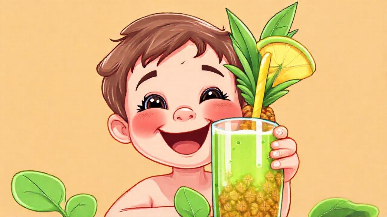 Un niño alegre disfruta un smoothie saludable