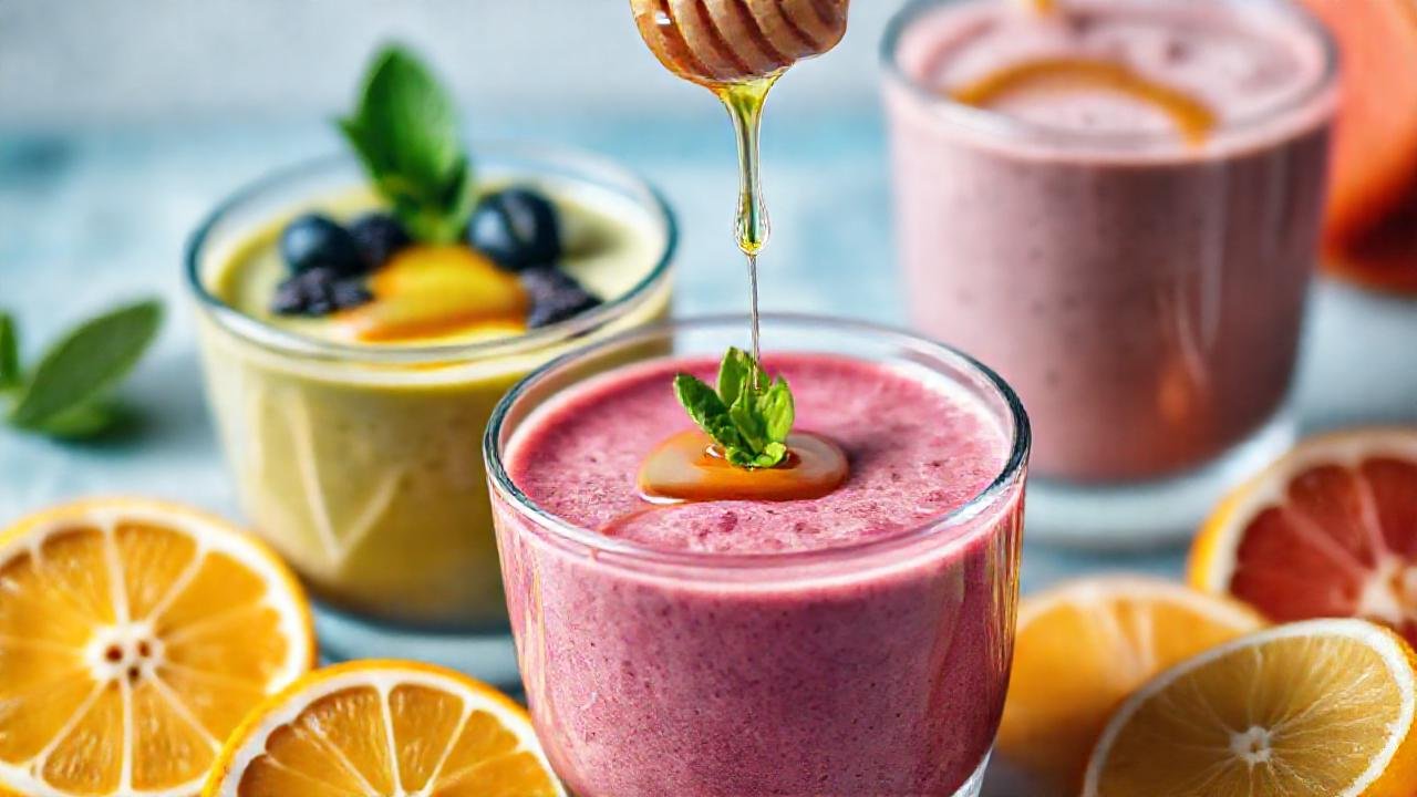 Batidos vibrantes y frutas apetitosas iluminadas