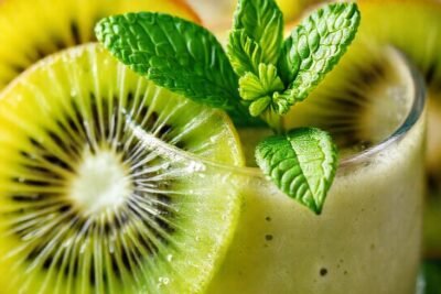 Kiwi fresco y smoothie apetitoso brillan