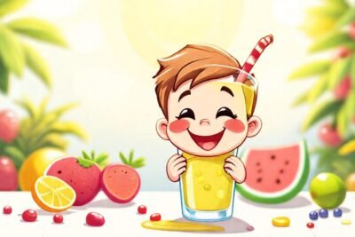 Un niño feliz disfruta un batido colorido