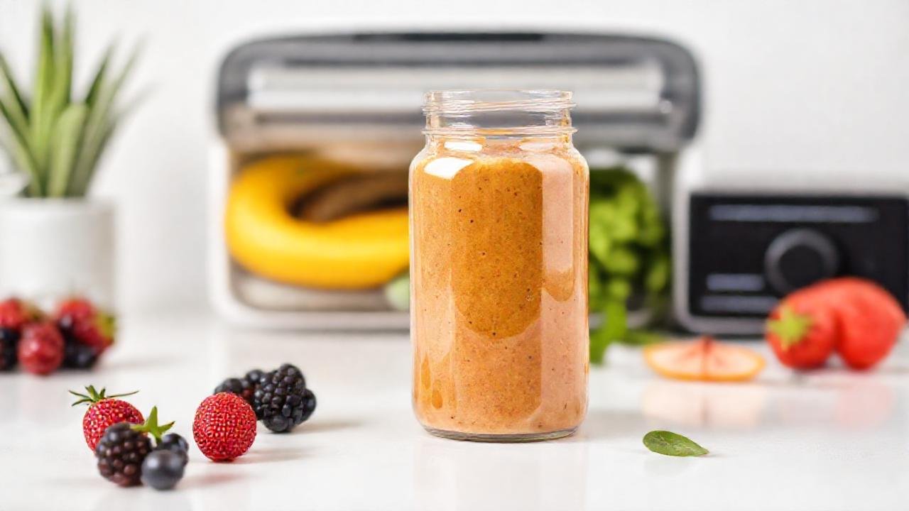 Batido envuelto, fruta fresca, diseño moderno